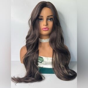 Long Wavy Brown Wig with Highlights – Natural Looking Heat Resistant Synthetic